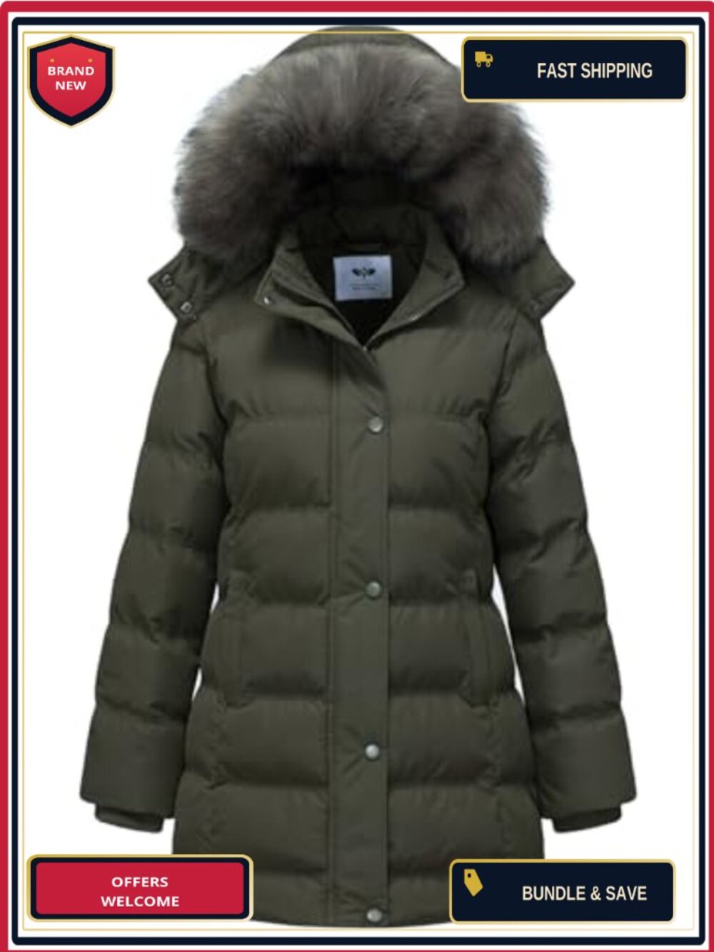 Women's Hooded Quilted Puffer Jacket, Removable Fur Hood